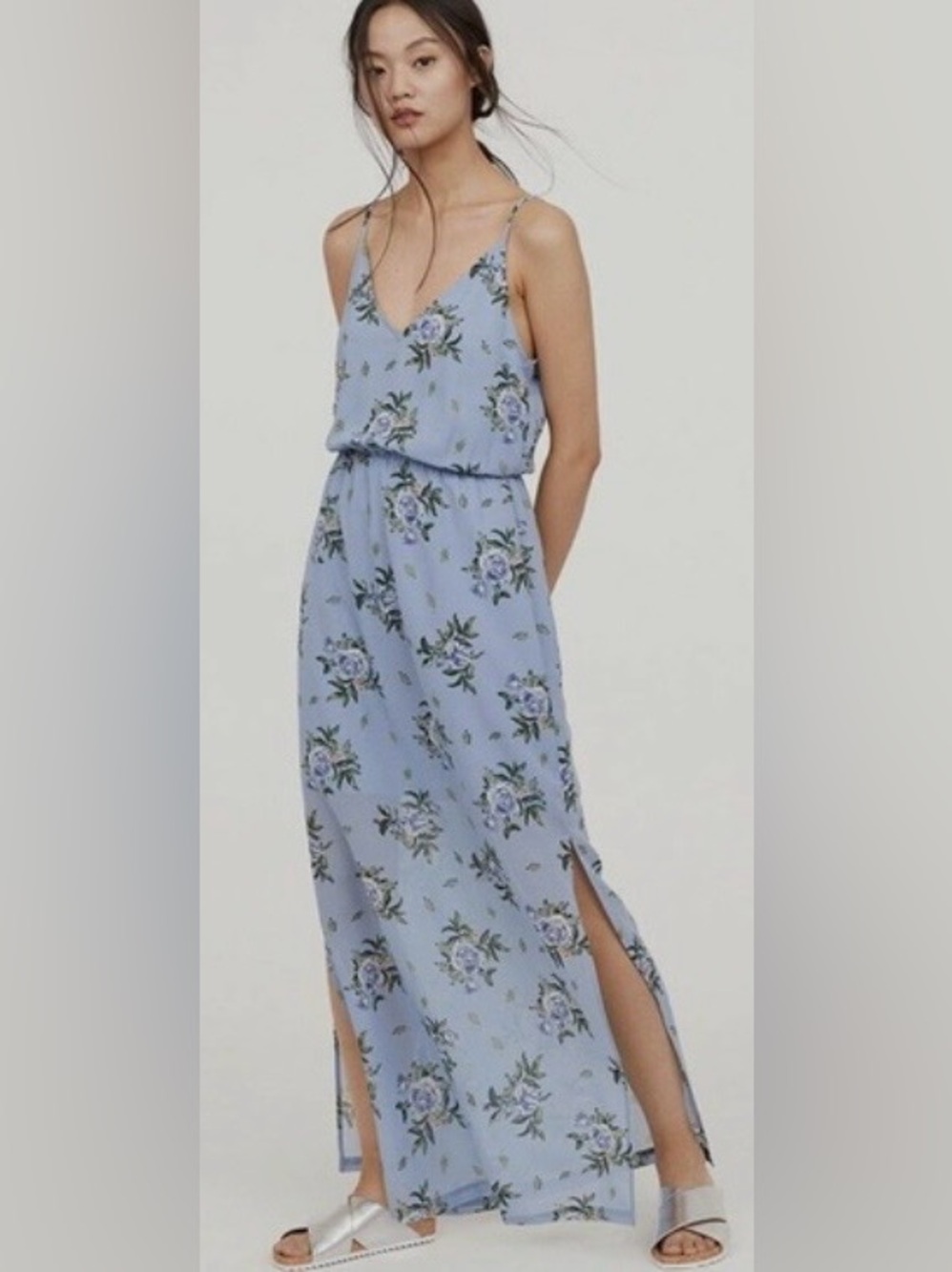 H&M Light Blue Floral Spaghetti-Strap Maxi Dress, Size 8
